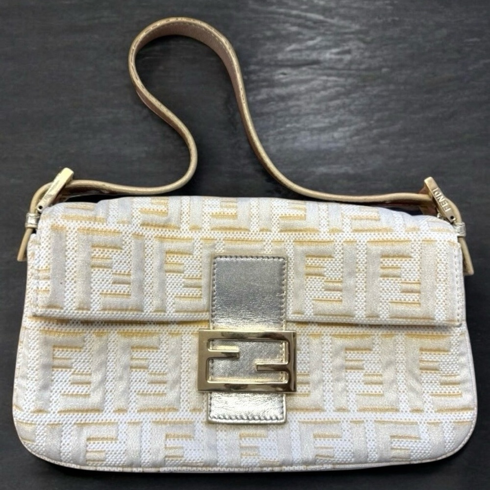 AUTH Rare FENDI ZUCCA BAGUETTE LIKE NEW! white gold Monogram Shoulder Bag COA ⭐️ - Picture 6 of 16